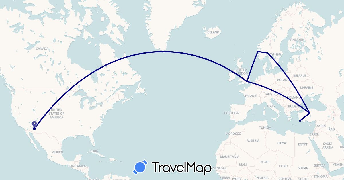 TravelMap itinerary: driving in United Kingdom, Greece, Norway, Turkey, United States (Asia, Europe, North America)